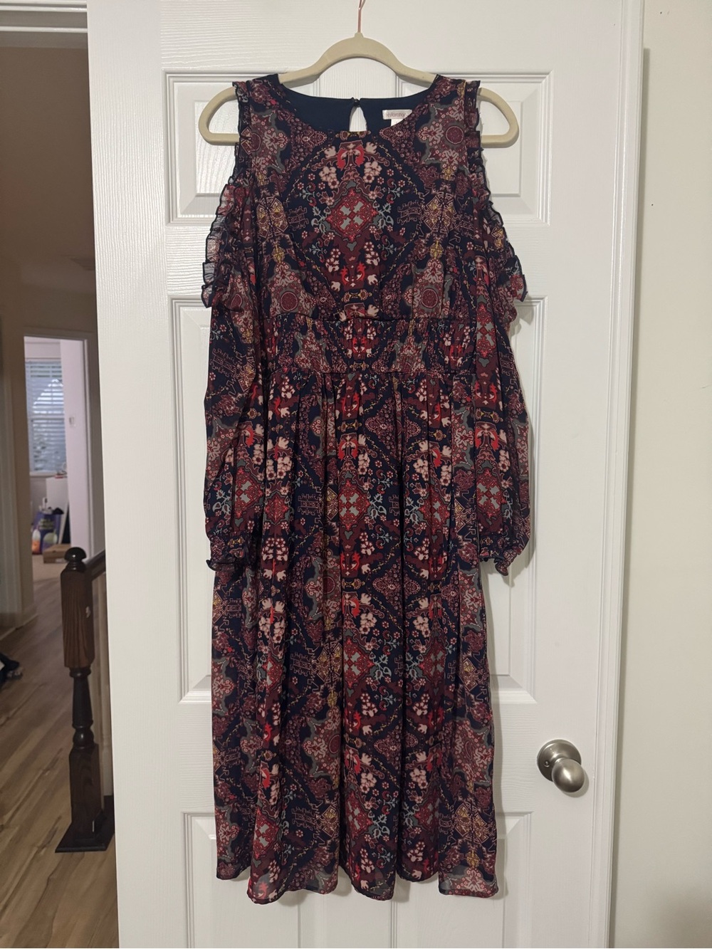 Xhilaration Navy Red Floral Cold-Shoulder Midi Dress